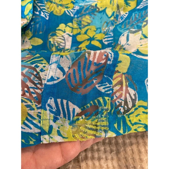 Ruby Rd. Button Down Blouse Sz 14 Turquoise Blue Lime Green Tropical Top Sheer - Picture 11 of 11